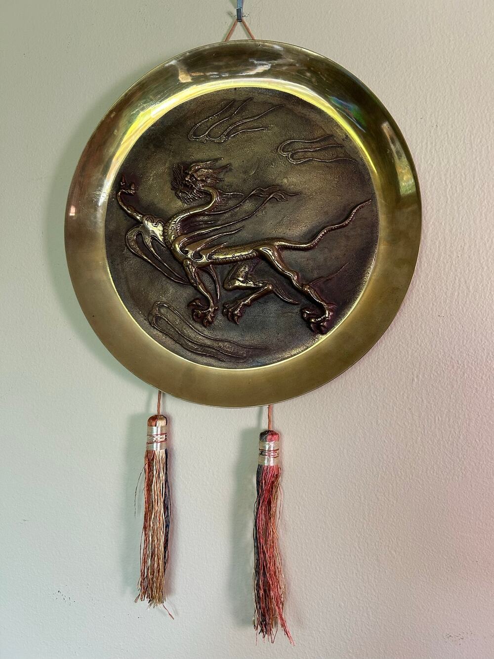Vintage Asian Brass Wall Plate-Repousee of a Flying Dragon